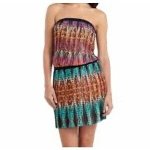 BCBGMaxAzria Pleated Vibrant Multicolored Batik Print Strapless Mini Dress Sz S